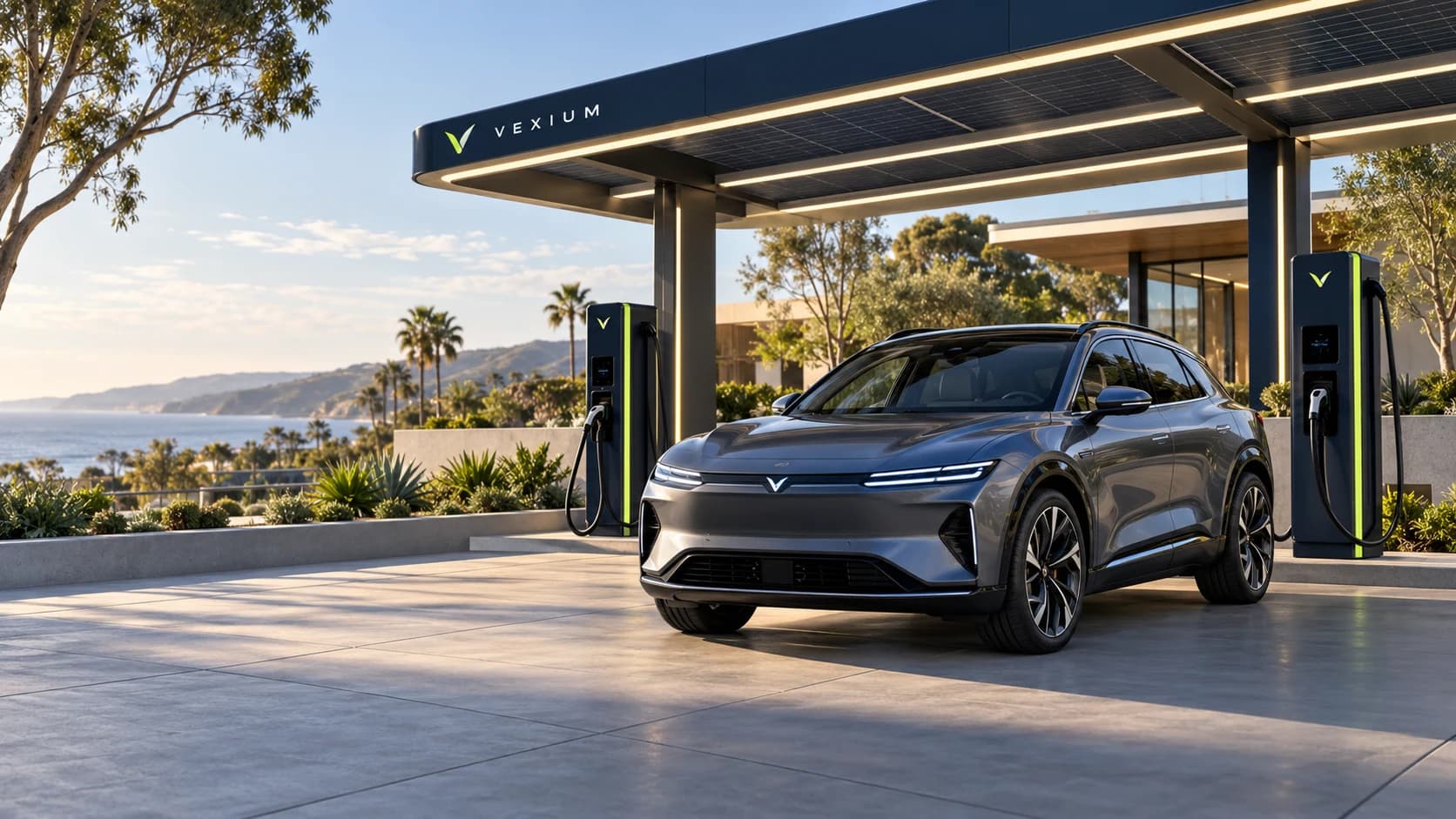 Unreleased original Vexium Mobility concept crossover at a charging plaza
