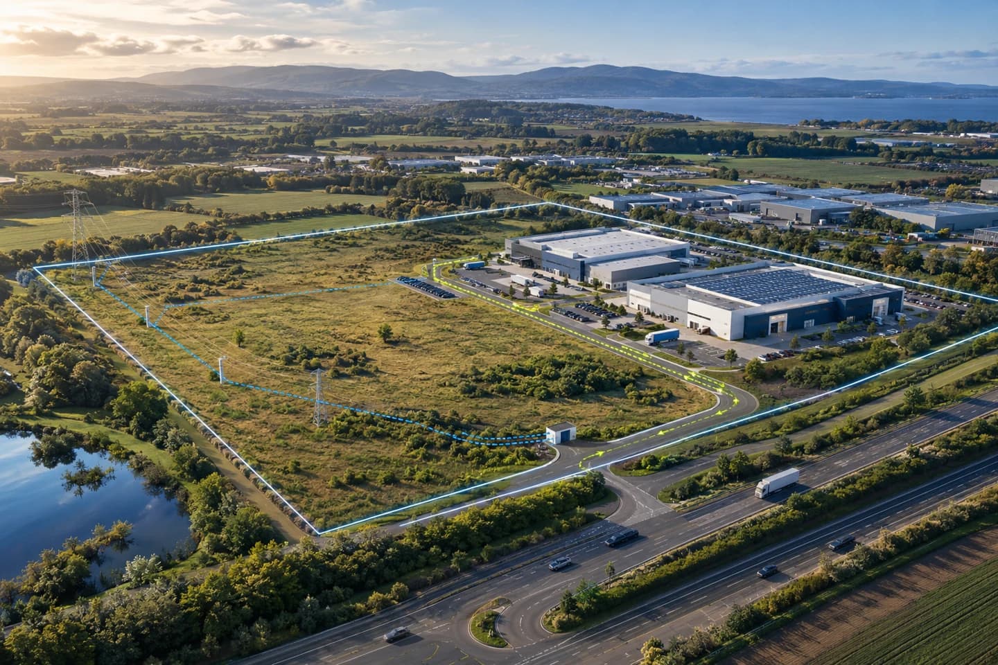 Proposed energy campus showing fueling lanes, charging and production enclosures