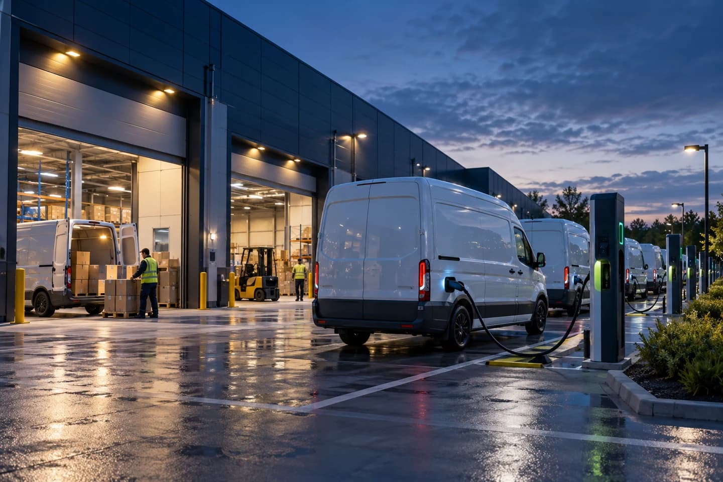 Electric box trucks and delivery van at a proposed Vexium charging depot