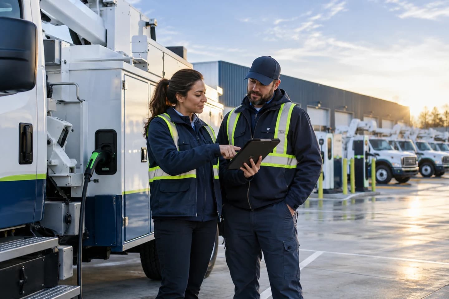 Electric box trucks and a delivery van at a proposed charging depot