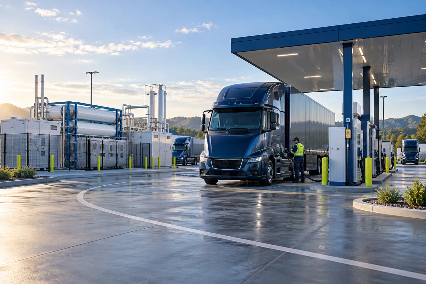 Class 8 truck beside hydrogen dispensing equipment at a proposed Vexium hub