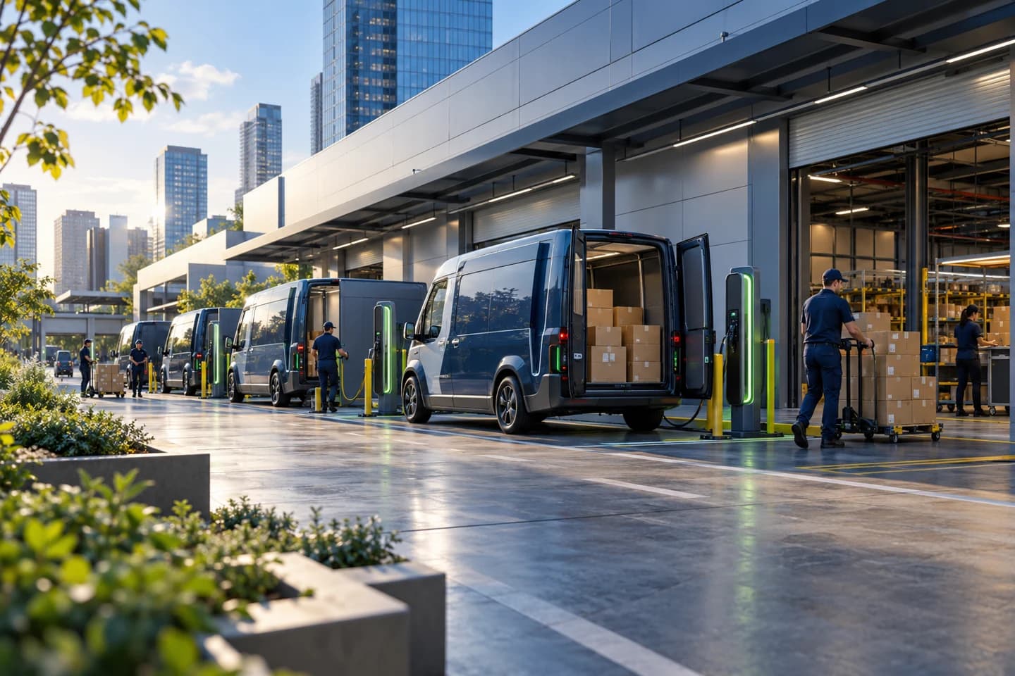 Electric box trucks and delivery van connected to chargers at a Vexium depot concept