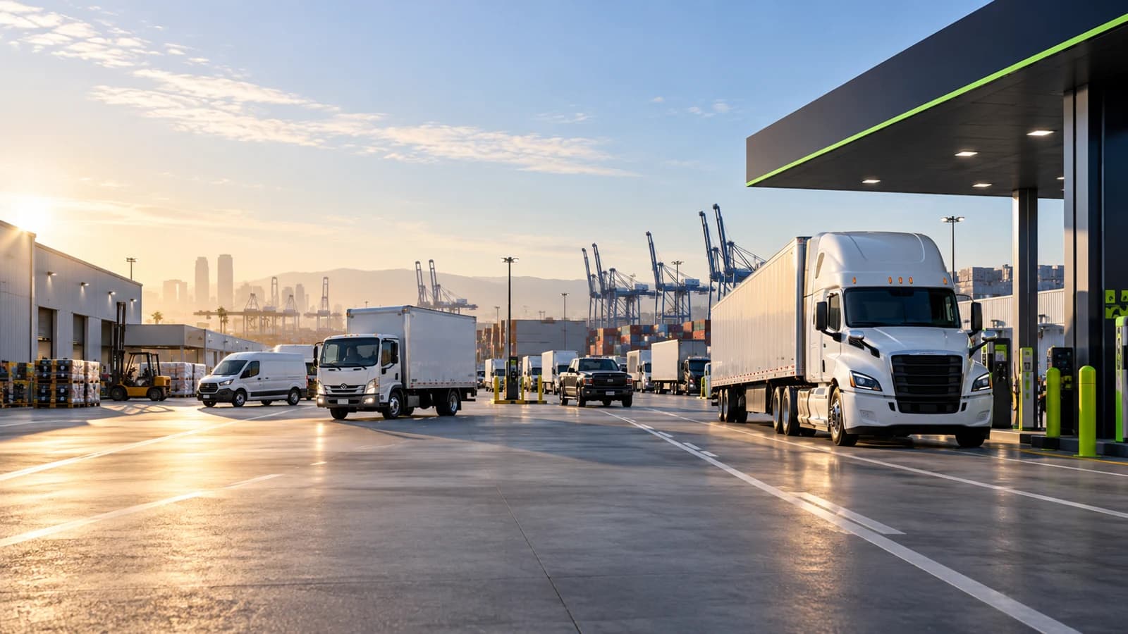 Freight trucks and delivery vehicles at a logistics energy hub concept
